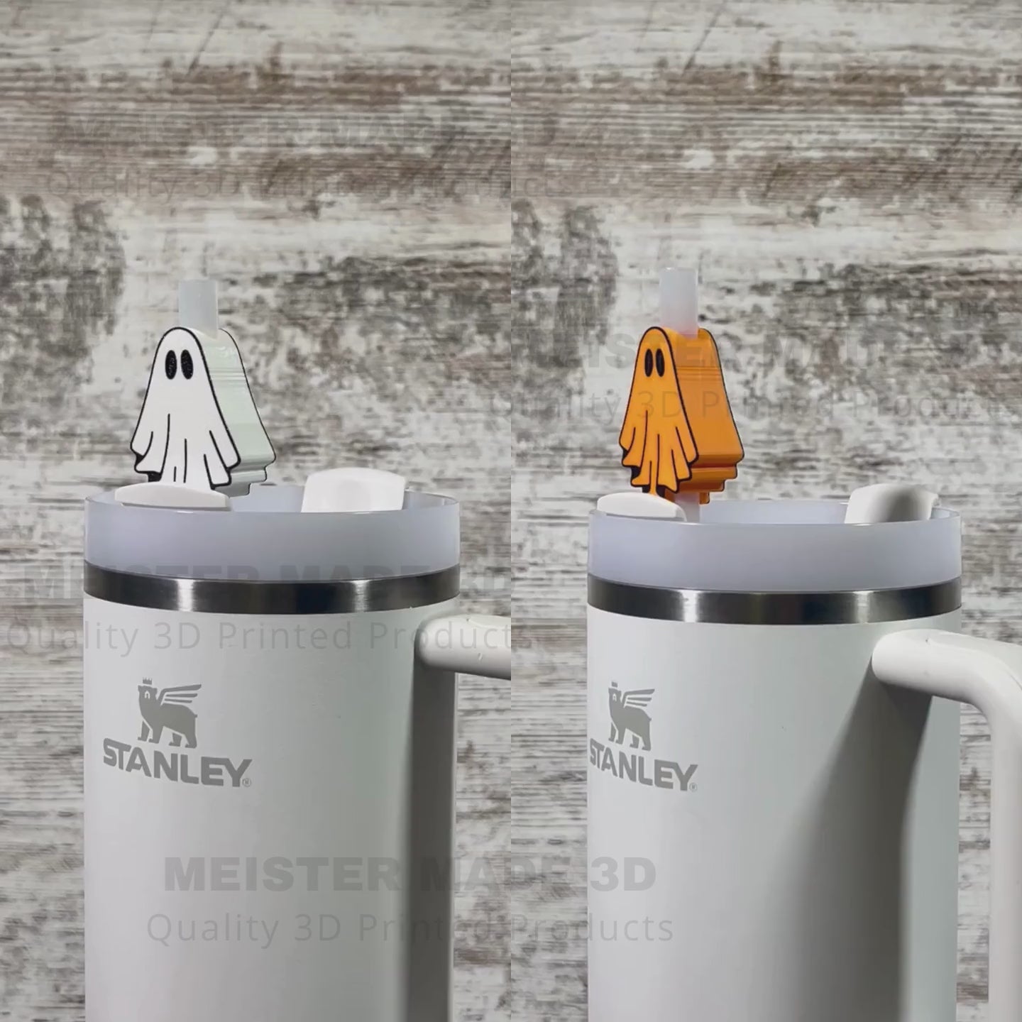 Video showing side by side orange and white ghost Stanley straw buddies on a white stanley tumbler with a wooden background. 